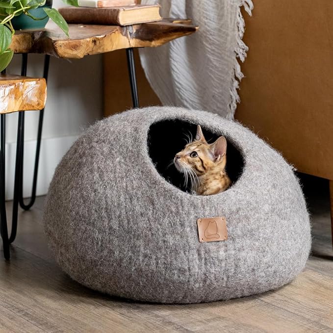 Best Aesthetic Cat Bed - Premium Felted Wool Cat Cave Bed - Cozy Peekaboo Round Cave for Large or Small Cats (Small, Earth Brown)