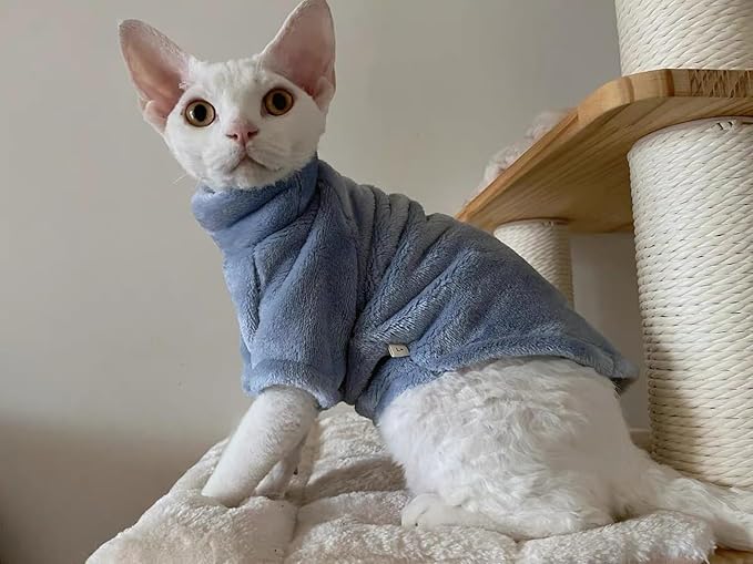 Sphynx Cat Clothes Winter Turtleneck Soft Coral Fleece Cat Clothes Thicken Warm Pajamas Coat for Hairless Cats and Small Cat Apparel with Sleeves (Haze Blue, XXL（12.7-16lbs）)
