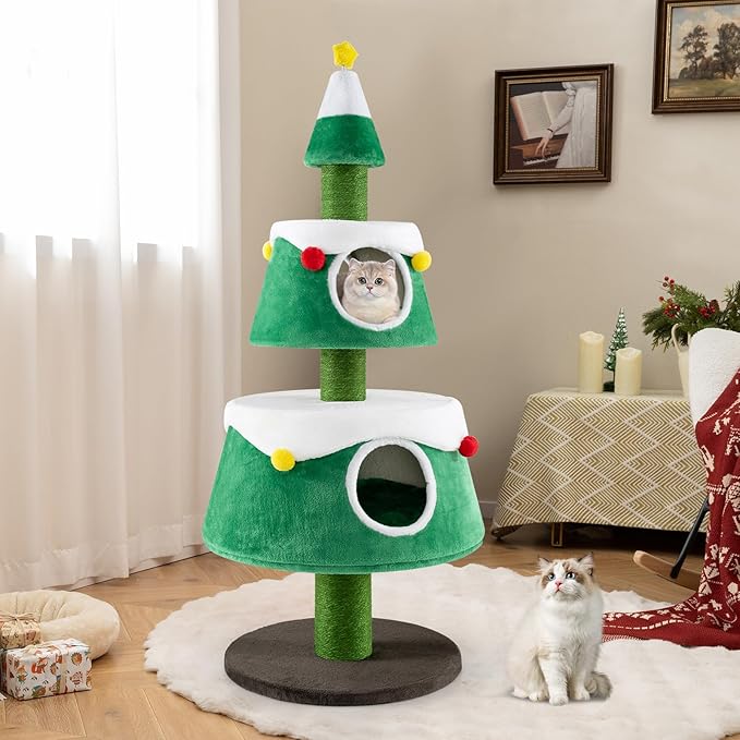 Dreamade 60" Christmas Cat Tower with 2-Level Cat Condos, Premium Scratching Posts,Star Design, Play Center for Kittens, Festive Cat Hideaway Furniture, Green