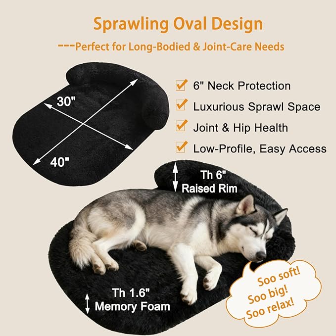 Orthopedic Dog Bed with Egg-Crate Base, Calming Dog Beds Fluffy Plush Faux Fur with Raised Edges, Spine Friendly Pet Sleeping Mat for Medium Large Dogs, Machine Washable (Oval, Black 40"x30")