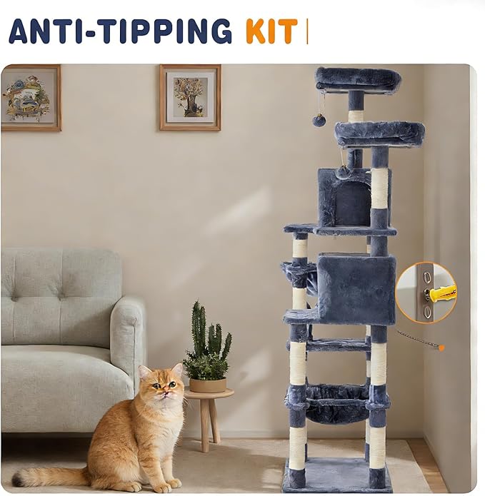 71in Extra Large Cat Tree Tower, Multi-Level Tall Cat Tower with Scratching Post/Hammock/Plush Condo/Pompoms/Wide Base, Heavy Duty Cats Tree for 20lb+ Large Adult Cats/Kittens, Grey