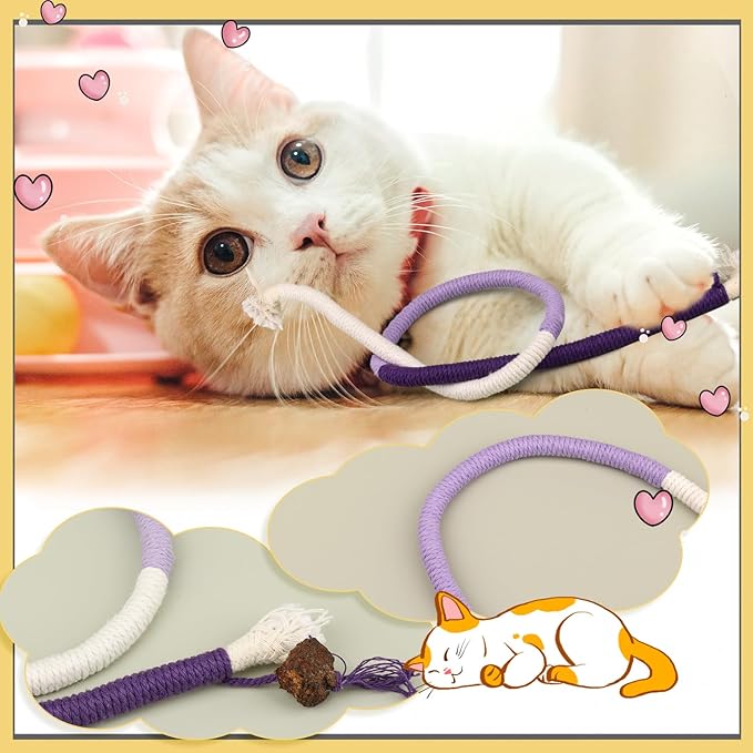 NQEUEPN 2pcs Cat Rope Chew Toys, 27.56x0.39in Premium Cotton String Chew Toy for Kitten Dental Toys Pet Goods Interactive Bite-Proof Supplies for Cats of All Ages (Purple, Orange)