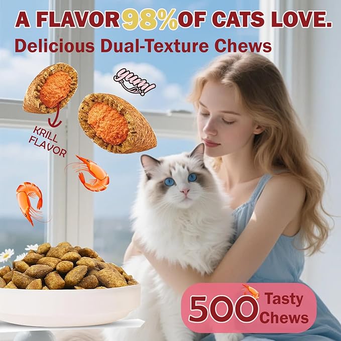 Cat Calming Treats,500 Crunchy Creamy Cat Chews,Melatonin for Storms, Travel, Separation - Krill Flavor