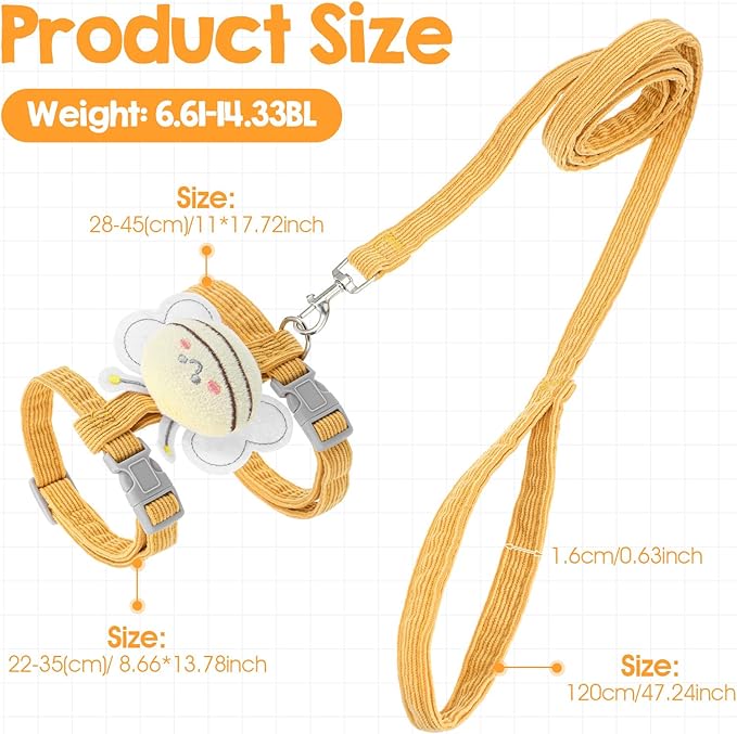 Cat Collar and Leash Set, Yellow Bee Pattern,Escape Proof Adjustable Kitten Harness, Soft Breathable Mesh for Small Cats, Bunnies, Rabbits