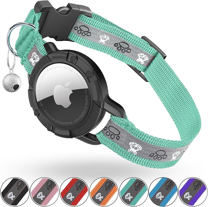 Reflective AirTag Cat Collar, Integrated Cat Tracker Collar with Air Tag Holder and Bell, Safety Elastic Band Cat GPS Collars for Girl Boy Cats, Kittens and Puppies (Green, XS)