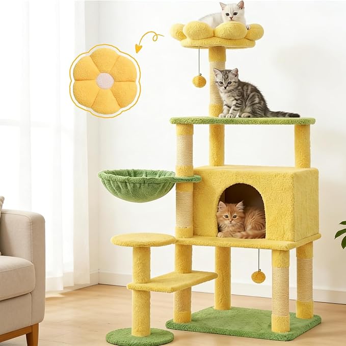 Flower Cat Tree 56 Inches，Large Cat Tower with Detachable Flower Cushions and Hiding Condo, Yellow Cat Tree with Hammock Bed, Interactive Toys and Scratching Posts for Indoor Cats