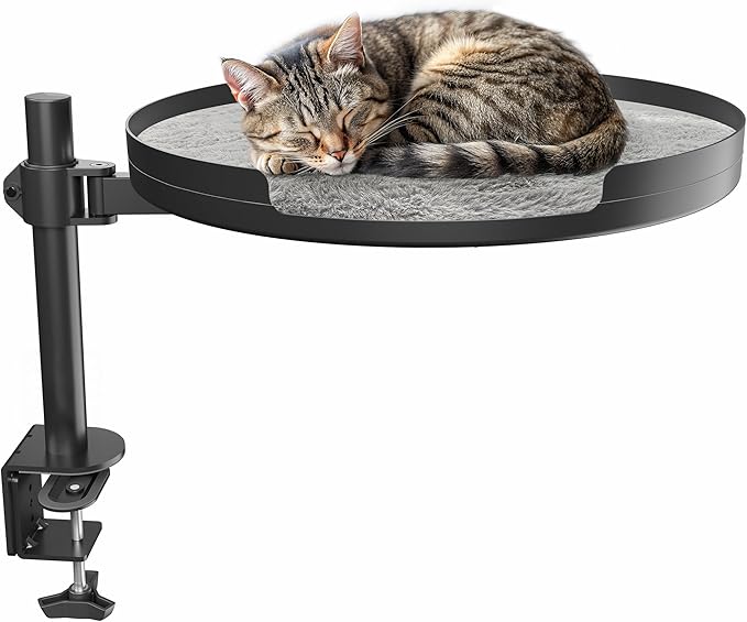 Life Finds Clamp-on Round Cat Bed for Home Office Desk, Height Adjustable Circular Kitty Perch with Full Rotation, Holds 44 lbs, Black, LF-CCB1