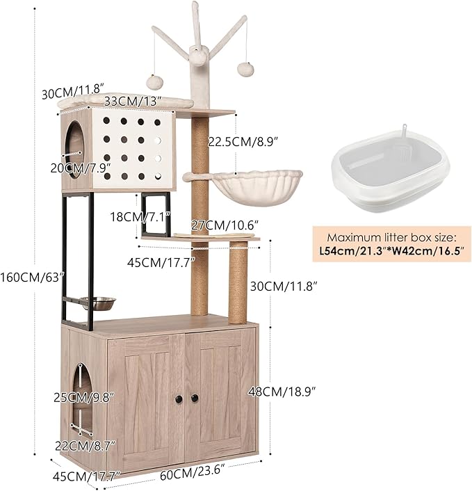 Modern Cat Tree Condo Tower Cat House Washroom Furniture Litter Box Enclosure with Scratching Posts, Hammock, Feeding Bowl & Removable Pompom Sticks, White+Gray (23.60" Lx17.70 Wx63.00 H)