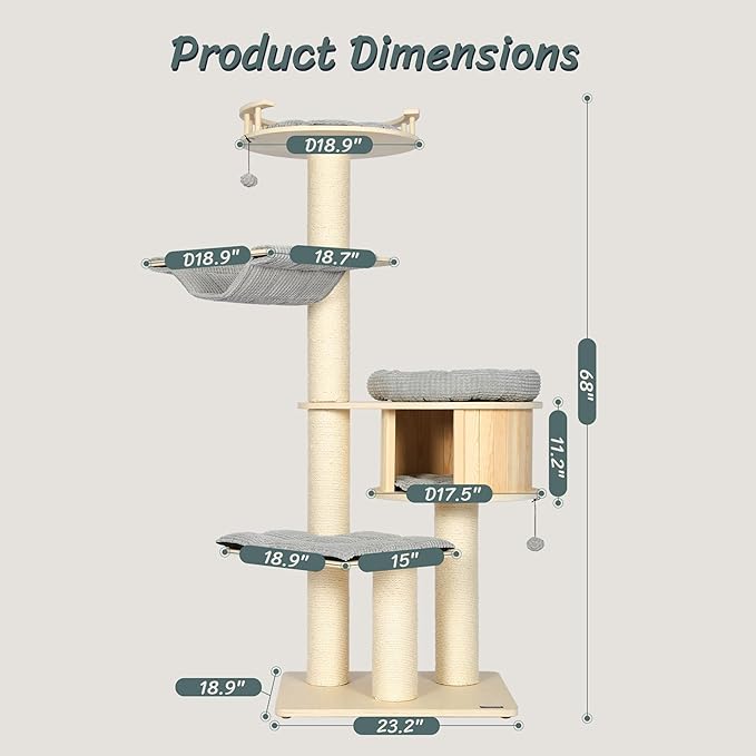 KAMABOKO Tall Cat Tree, 68" Large Cat Tower Multi-Level Platforms with Sisal Scratching Posts, Cat Tree for Large Cats 20 lbs Heavy Duty, Cat Condo Furniture for Active Cats, Top Fence Safety