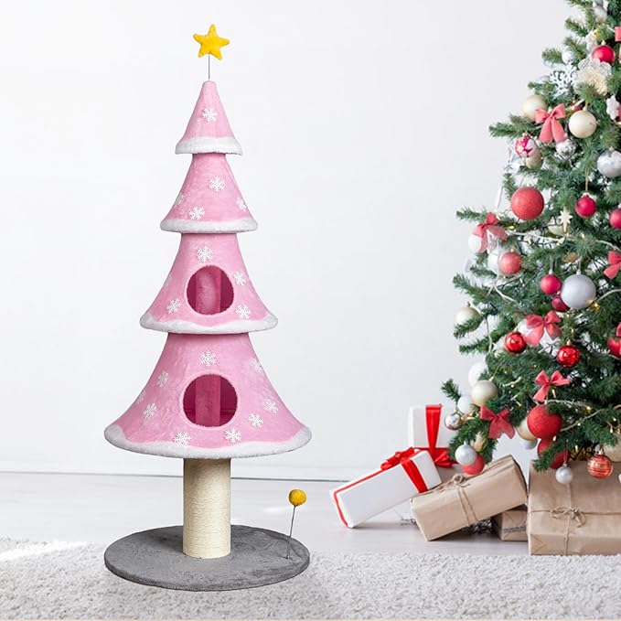 VINGLI 59in Pink Christmas Tree Cat Tower for Indoor Cats - Multi-Level Cat Tree with 2 Condos, Fleece Platforms, Sisal Scratching Post & Dangling Toy, Wide Stable Base for Adult Cats & Kittens