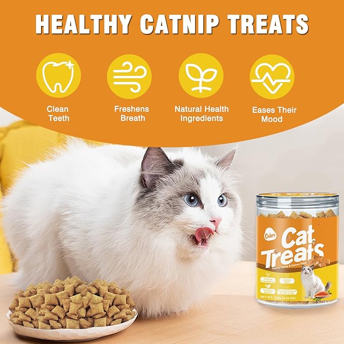 Healthy Cat Treats Soft & Crunchy - Catnip & Salmon Flavor with Real Salmon, Irresistible for Pickiest Cats, Cat Training Treats for Indoor Cats & Kittens, Dental Care & Digestive Support