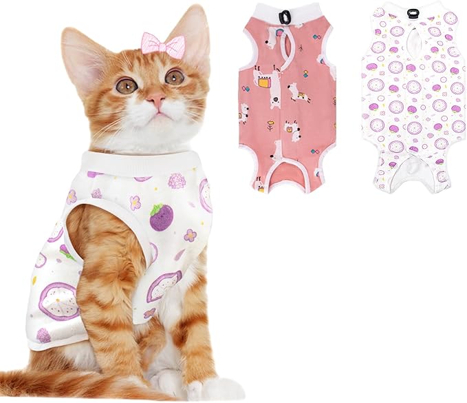 2 PCS Cat Recovery Suit for Spay Abdominal Wounds Cat Onesie for Cats After Surgery Recovery Suit Female Breathable E-Collar Alternative Kitten Onesie Anti Licking Small