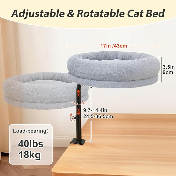 Sunhoo Cat Desk Bed 360° Rotating Height Adjustable Desktop Mount Hammock Kitten Perch Easy Setup Kitty Nest Table Clamp-on Attachment for Indoor Cats Washable 17" Diameter Hold Up to 40lbs（Grey）