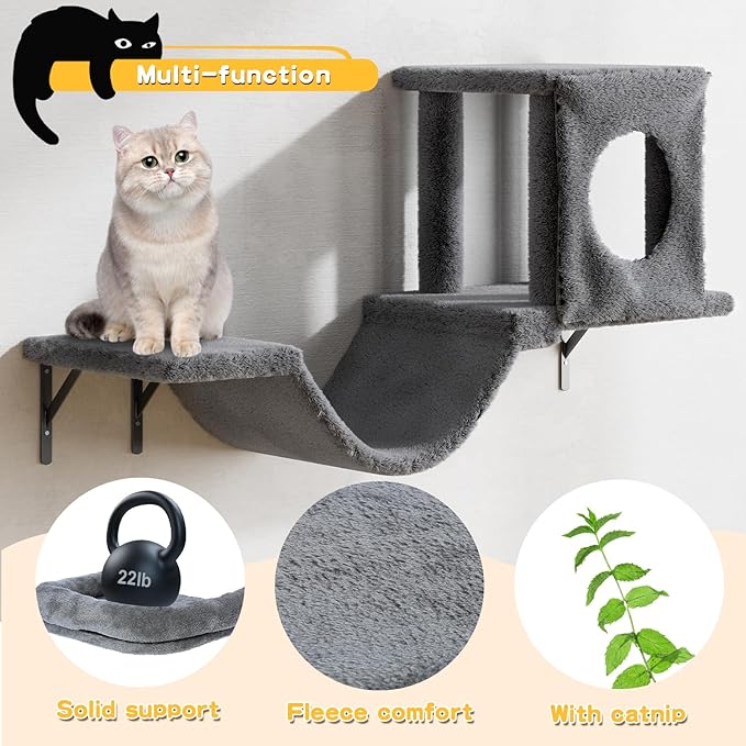 NUNU LAB Wall Mounted Cat Climber Set, 6 Pcs Cat Furniture Set with House, Bridge, Steps, Scratcher Board and Hammock, Shelves for Indoor, Luxury Walls Furniture, Dark Grey