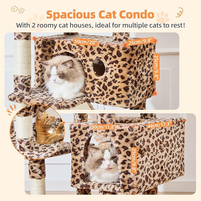 Taoqimiao Cat Tree 71-Inch, Cat Tower for Indoor Cats Large Adult, Multi-Level Large Cat Condo, 8 Sisal Scratching Posts, Metal Frame Cozy Hammock, Scratch Board, 2 Top Perches, Leopard Print MS026LBW