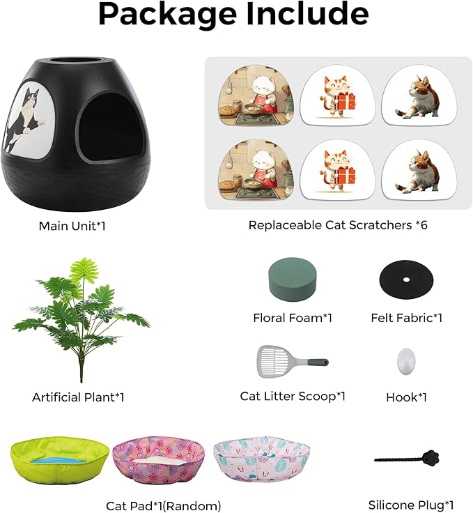 COZIWOW Eggloa6 Plant Litter Box, Hidden Cat Litter Box with Artificial Plants, DIY Litter Box Furniture, (Black, Basic)