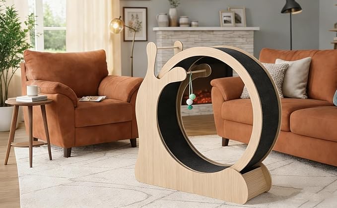 Cat Exercise Wheel,45" Wooden Cat Treadmill with TPE Silent Rollers, Indoor Running Wheel with Interactive Toys, Sisal Scratching Pad & Storage Shelf, Safe Narrow Gap for Large Cats