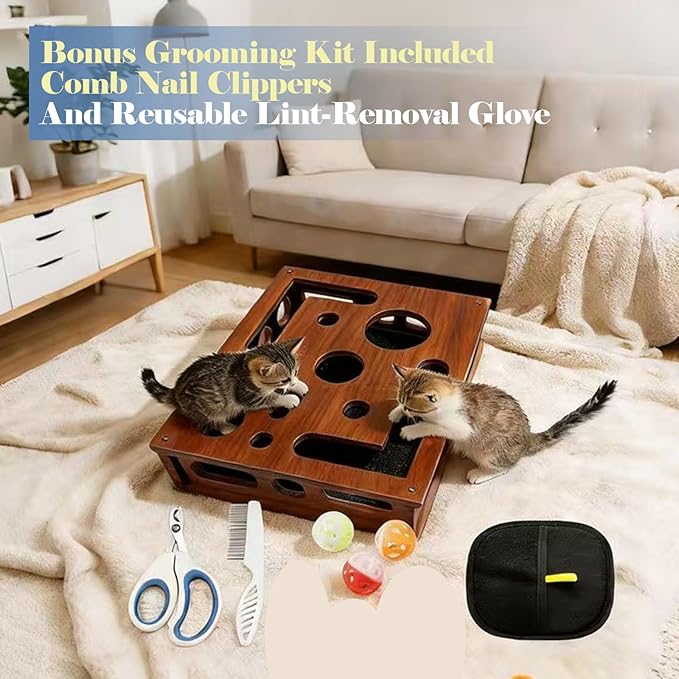 Cat Nail File Puzzle Enrichment Box, Wooden Cat Scratch Puzzle Box with Sandpaper Inside, Cat Scratch Puzzle Enrichment Box Nail File, Stress-Free Alternative to Clippers and Grinders for Indoor Cats