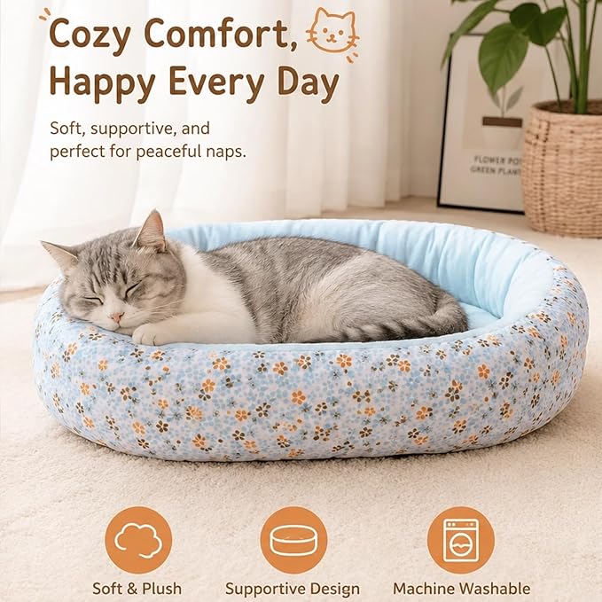 Floral Print Cat Beds for Indoor Cats Cozy Plush Fabric, Supportive Raised Sides, Non-Slip Bottom Washable Mat for Small Medium Pet Puppy Dog (Light-Blue,Medium)