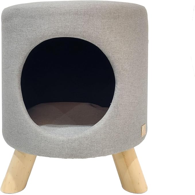 4 Cats & Dogs Wallie Stool – Plush Pet Stool & Bed with Wooden Legs, Cozy Cat Condo Furniture & Pet Nook Hideaway, Multipurpose Stool with Cozy Pads for Cats & Small Dogs, Light Grey