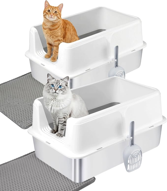 2 Pack Stainless Steel Cat Litter Box with Lid - XL Extra Large Enclosed Metal Litter Pan for Big Cats, High Sided Non-Stick Odor Resistant Anti-Urine Leakage, Easy Clean with Scoop & Mat, White
