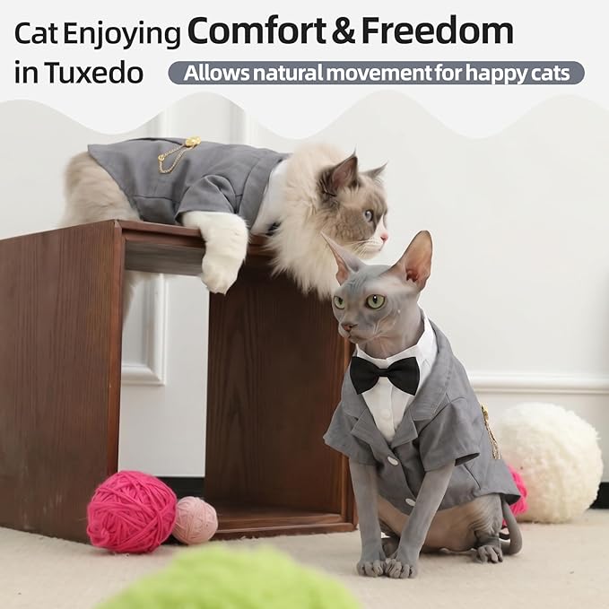 QBLEEV Cat Tuxedo Outfit, Formal Cat Suit Costume with Bow Tie, Sphynx Hairless Clothes for Cats Only, Kitten Wedding Birthday Party Attire Apparel for Male Boy, Cute Small Pet Gentleman Formal Wear