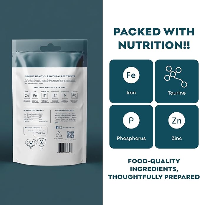 Skona PetFood Premium Chewy Dehydrated Pork Heart Jerky for Dogs & Cats, 1 lb of Pork Heart Dehydrated to 4 oz, Single-Ingredient High Protein Training Treats, Supports Heart, Eye & Dental Health, USA