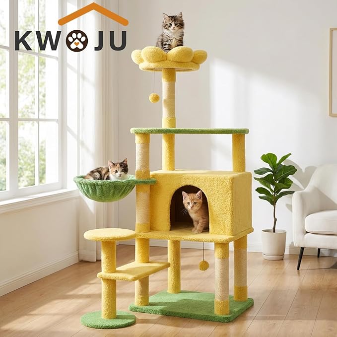 Flower Cat Tree 56 Inches，Large Cat Tower with Detachable Flower Cushions and Hiding Condo, Yellow Cat Tree with Hammock Bed, Interactive Toys and Scratching Posts for Indoor Cats
