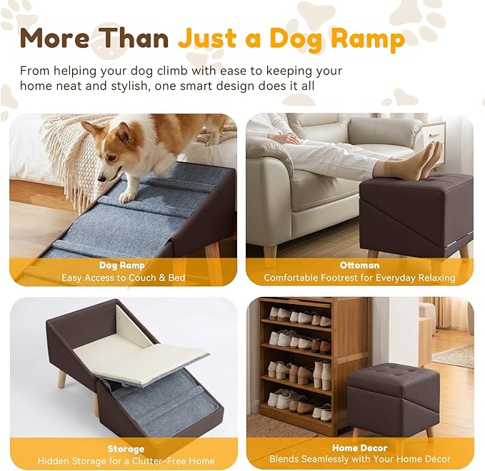 Dog Ramp & Stair for Couch Sofa Bed, 18.5" Extra Wide 15.7" H Foldable Ottoman & Hidden Storage 3-in-1 Design, Safer Non-Slip Leather Pet Steps for Puppy Senior Injured Dogs (Brown)