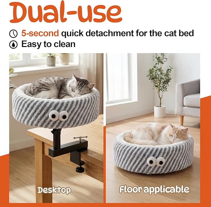 Cat Desk Bed, Height Adjustable 360° Rotating Desk Mounted Cat Bed, 2-in-1 Cat Desk Perch Hammock, Desk Cat Bed Attachment with Washable Cushion for Most Cats (Gray)