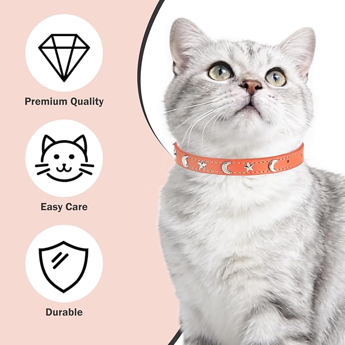 Leather Cat Collars for Boy Girl Cats with Bell and Safety Elastic Belt, Personalized Star and Moon Stud Adjustable Safe Buckle Collar for Kitty Small Big Cats Size 8-12 Inch, Orange