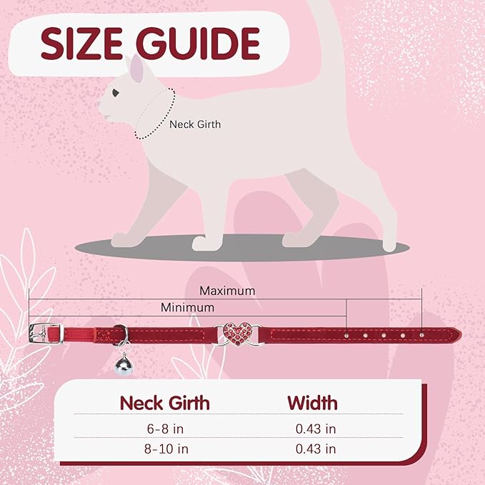 BINGPET Diamond Cat Collar,Adjustable Soft Velvet Leather Safe Kitten Collar with Crystal Heart Charm and Bells,Girl Boy Bling Stylish Cat Collars with Safety Elastic (Red, Neck Girth 8"-10"