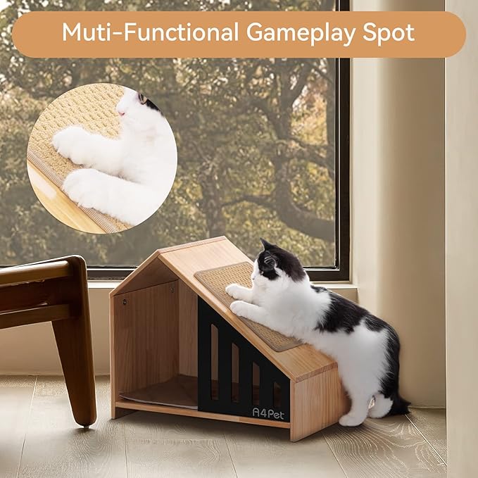 A4PET Cat House Wooden Cat Condo Cat Furniture for Indoor Cat Shelter with Scrather Cushion with Non-Slip Silicone, Pet House for Cats Small Dogs