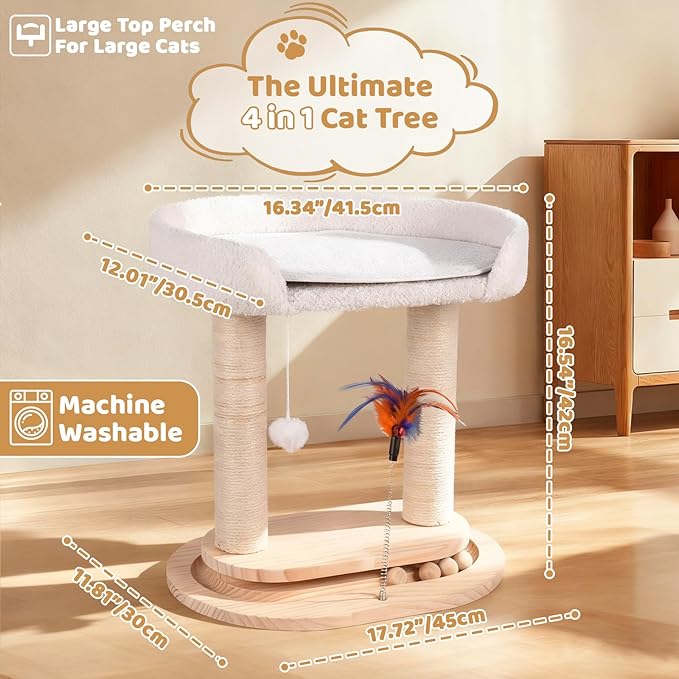 5-in-1 Small Wooden Cat Tree Tower,16.5''H Natural Sisal Cat Scratching Post Climbing Tower with Bed,Interactive Cat Feather Toy,Ball Track Toy for Kittens and Indoor Cats,White