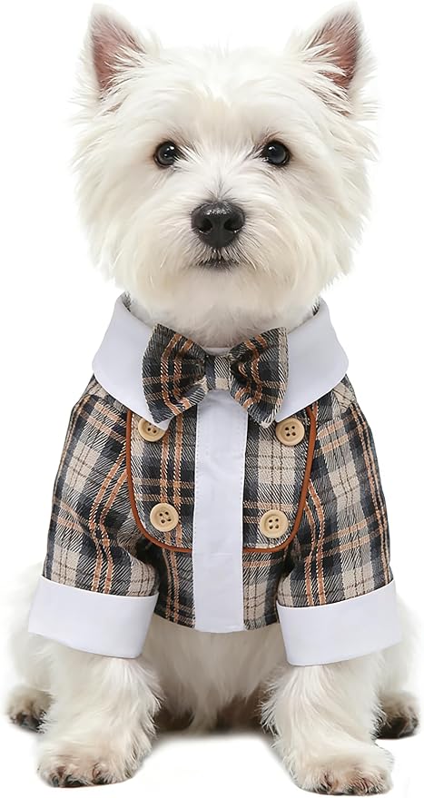 GabeFish Pets Wedding Jackets Suit for Dogs with Bow Tie Puppy Cat Formal Clothes Shirt Tuxedo (Coffee, M (Chest 15.3in/39cm))