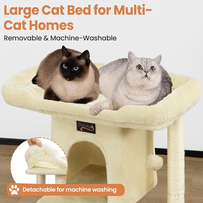 Cat Tree Tower Scratching Post for Indoor Large Cats, Small Cat Tree with Big Perch Bed, 28in Tall Trees House with Condo Cave, Toy Balls, Modern Climbing Furniture Platform for Kitten (Beige)