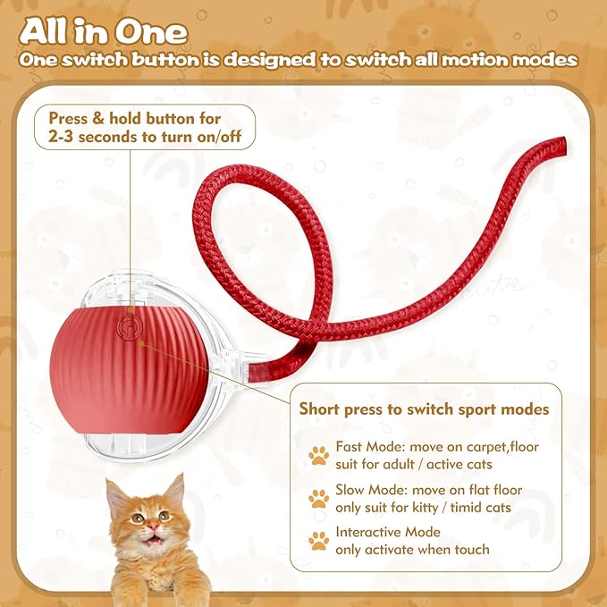 Interactive Cat Ball Toys for Indoor Cats, Peppy Pet Ball, 2025 Upgraded Automatic Kitten Toy for Bored Indoor Adult Cat, 360°Smart Rolling Toy (Red)