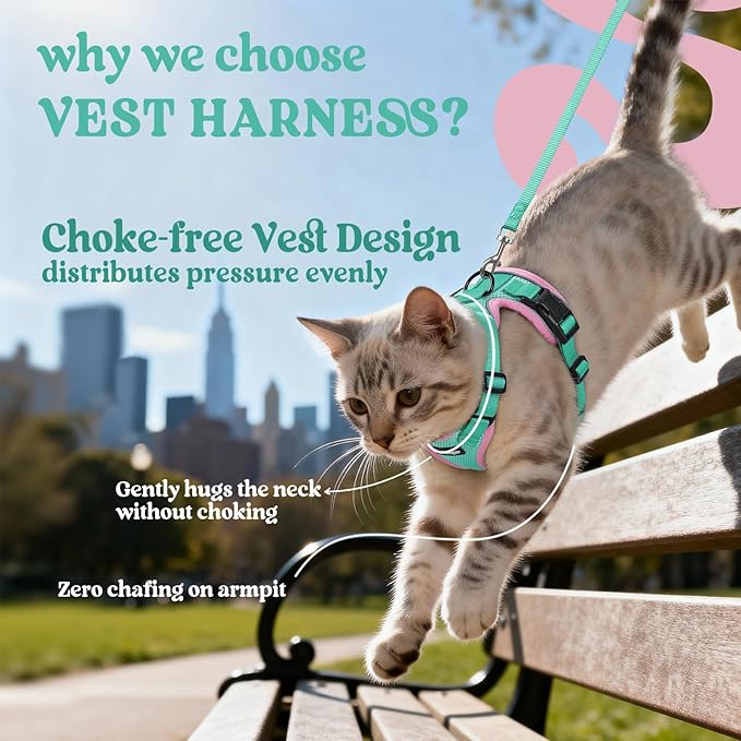 rabbitgoo Cat Harness and Leash for Walking, Escape Proof Soft Adjustable Vest Harnesses for Cats, Easy Control Breathable Reflective Strips Jacket, Green&Pink, XS