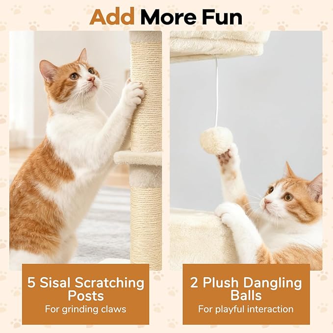 DORTALA 75" Tall Modern Cat Tree, Multi-Level Cat Tower with Large Condos, Sisal Scratching Posts, Top Perch, Hammock, Dangling Balls, Kitten Beds & Climbing Furniture for Indoor Cats (Beige)