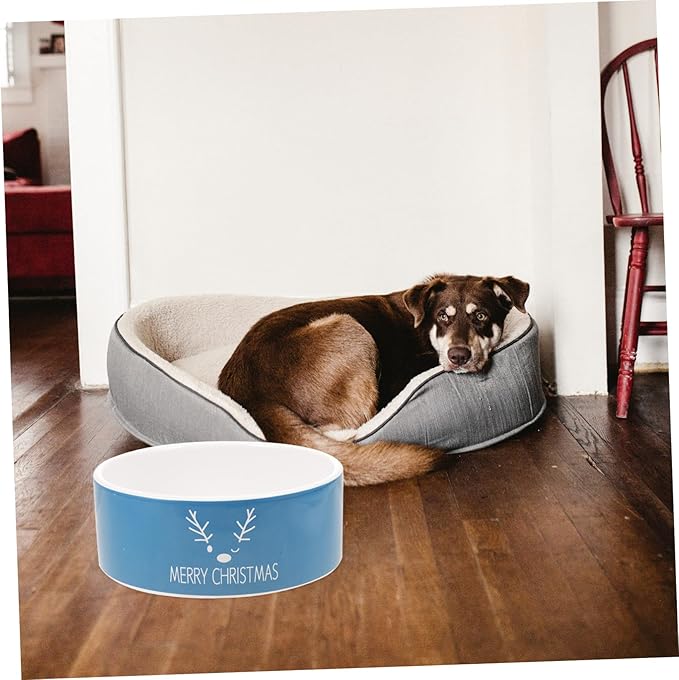GALPADA Christmas Ceramic Cat Bowl and Pet Food Dish, Blue Reindeer Design, Sturdy Ceramic Material, Suitable for Cat Feeding and Watering, Holiday Themed Pet Supply for Indoor Use