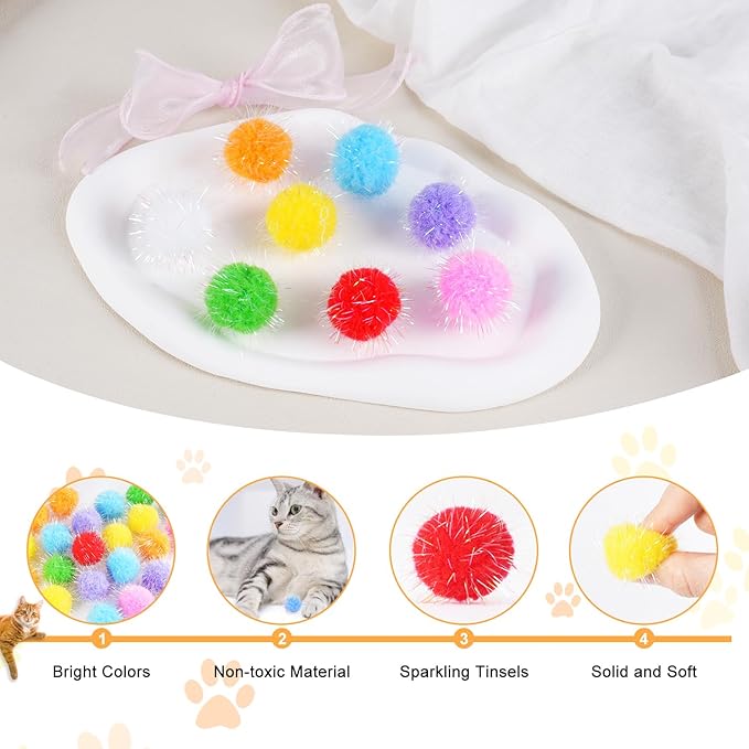 DF DUALFERV 60 Pcs Cat Pom Pom Balls, Interactive Cat Toys, Sparkle Balls for Cats, Extra Large and Fuzzy for Exercise and Entertainment, Multicolor, 1.5 Inch (30)
