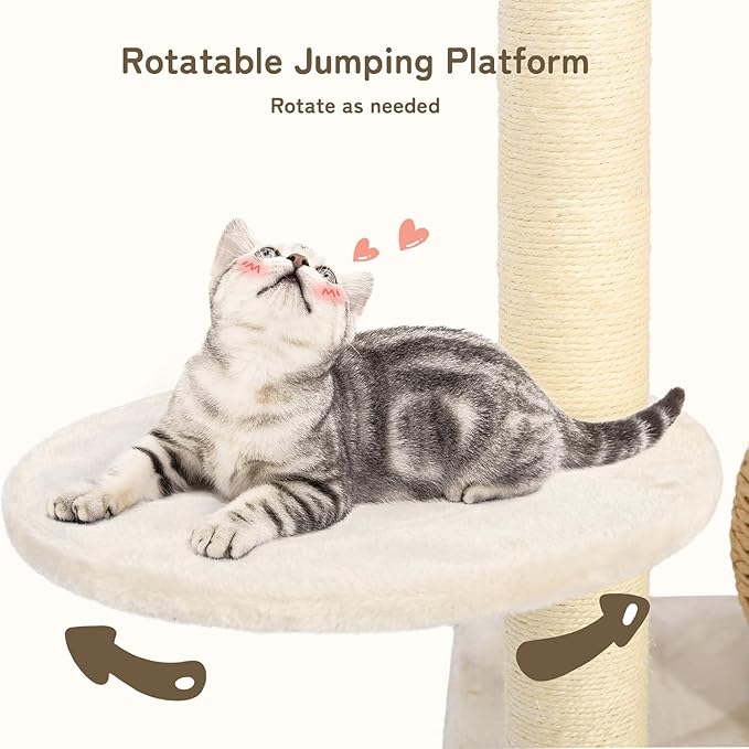 KAMABOKO 39 Inch Modern Cat Tree for Indoor Cats, Solid Wood Cat Tower with Natural Sisal Scratching Posts, Hand-Woven Cat Condo & Top Perch