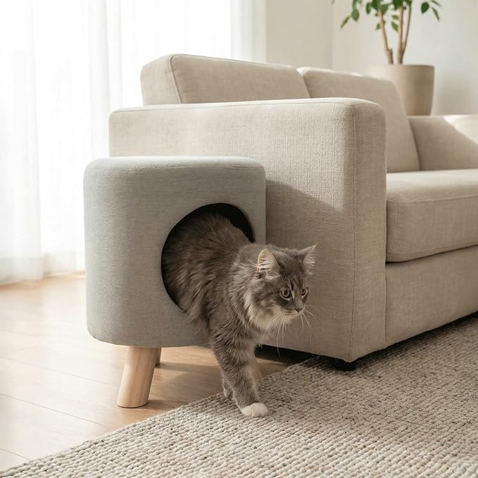 4 Cats & Dogs Wallie Stool – Plush Pet Stool & Bed with Wooden Legs, Cozy Cat Condo Furniture & Pet Nook Hideaway, Multipurpose Stool with Cozy Pads for Cats & Small Dogs, Light Grey