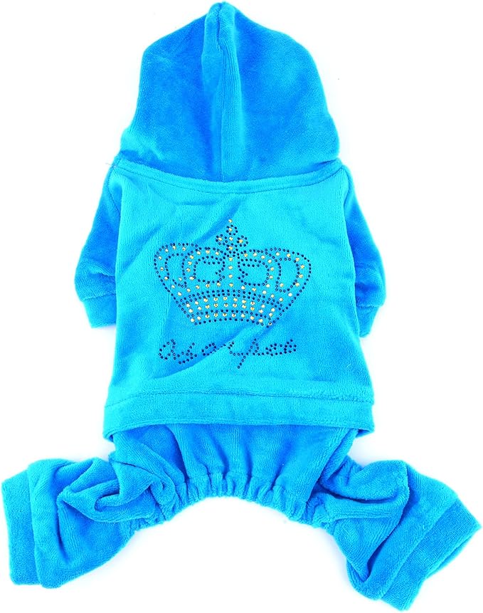 SMALLLEE_LUCKY_STORE Pet Clothes for Small Dog Cat Soft Velvet Crown Jumpsuit Coat Hooide Pajamas Tracksuit Blue XL