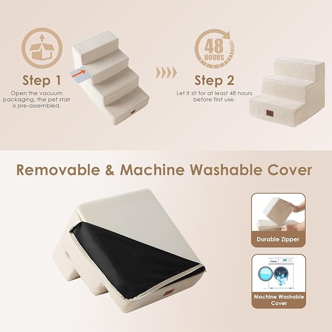 EHEYCIGA Dog Stairs for Small Dogs 13.5" H, 3-Step Dog Steps for Couch Sofa and Chair, Pet Steps for Medium Cats, Non-Slip Balanced Pet Ramp Indoor, Beige