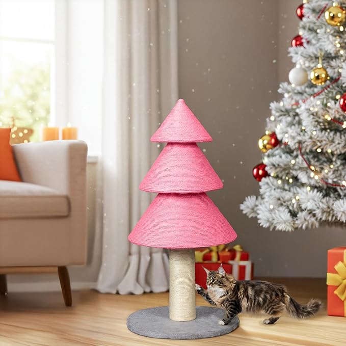 VINGLI 31.5in Christmas Tree Cat Scratcher Tower, Pink Cat Tree with Sisal Scratching Post & Soft Fleece Base, Stable Cat Scratcher for Kittens & Adult Indoor Cats