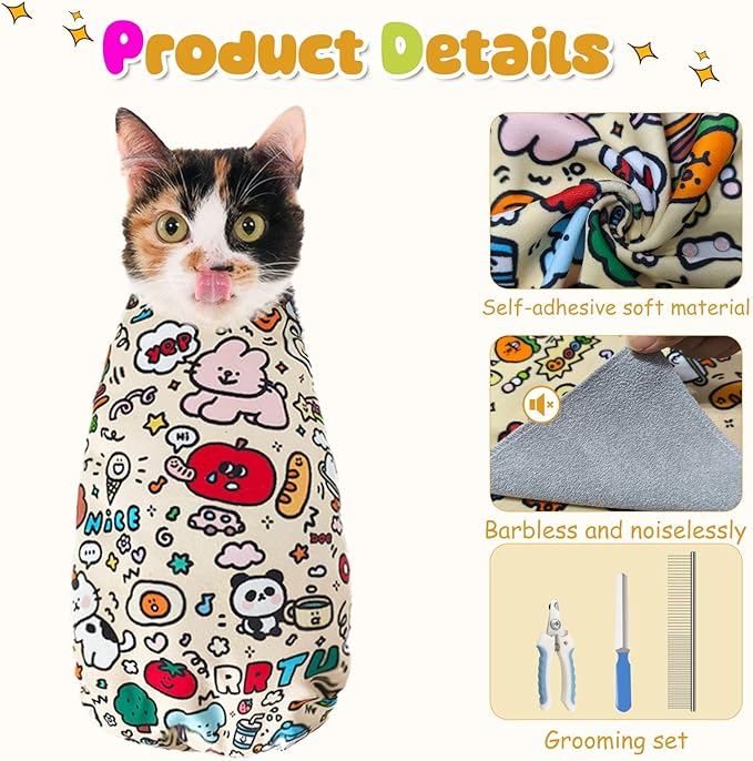 4 Pieces Cat Grooming Wrap with Relaxation Cat Nail Clipper Set 27.6 Inches Cat Wrap Anti-Scratch Cat Swaddle Wrap Anti-Escape Cat Burrito Wrap for Medicine Nail Clipping Teeth Brushing Ear Cleaning