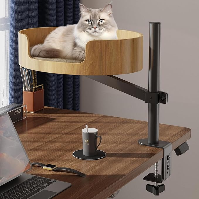 15in Cat Desk Bed -Elevated Desk Nest Cats Beds for Table, 360° Rotation & Height Adjustment, Supports 25 Lbs for Home Office, Living Room Relaxation Or Pet Store Displays.