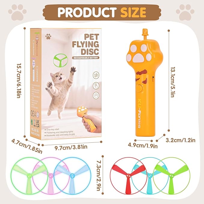 Cat Fetch Toy, Rechargeable Flying Disc Launcher with 6 Flying Discs, Cat Interactive Hunting Toys for Outdoor & Indoor (Yellow)