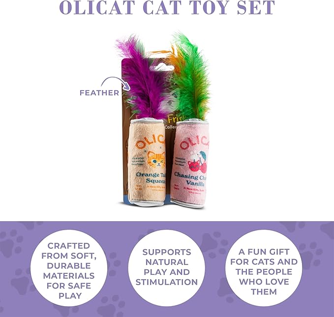 Haute Diggity Kitty Olicat Catnip Toys, Soft Plush Cat Toys Catnip Filled with Interactive Crackle Sound & Feathers, Safe & Durable Toy for Cats & Kitten, 2 Pcs